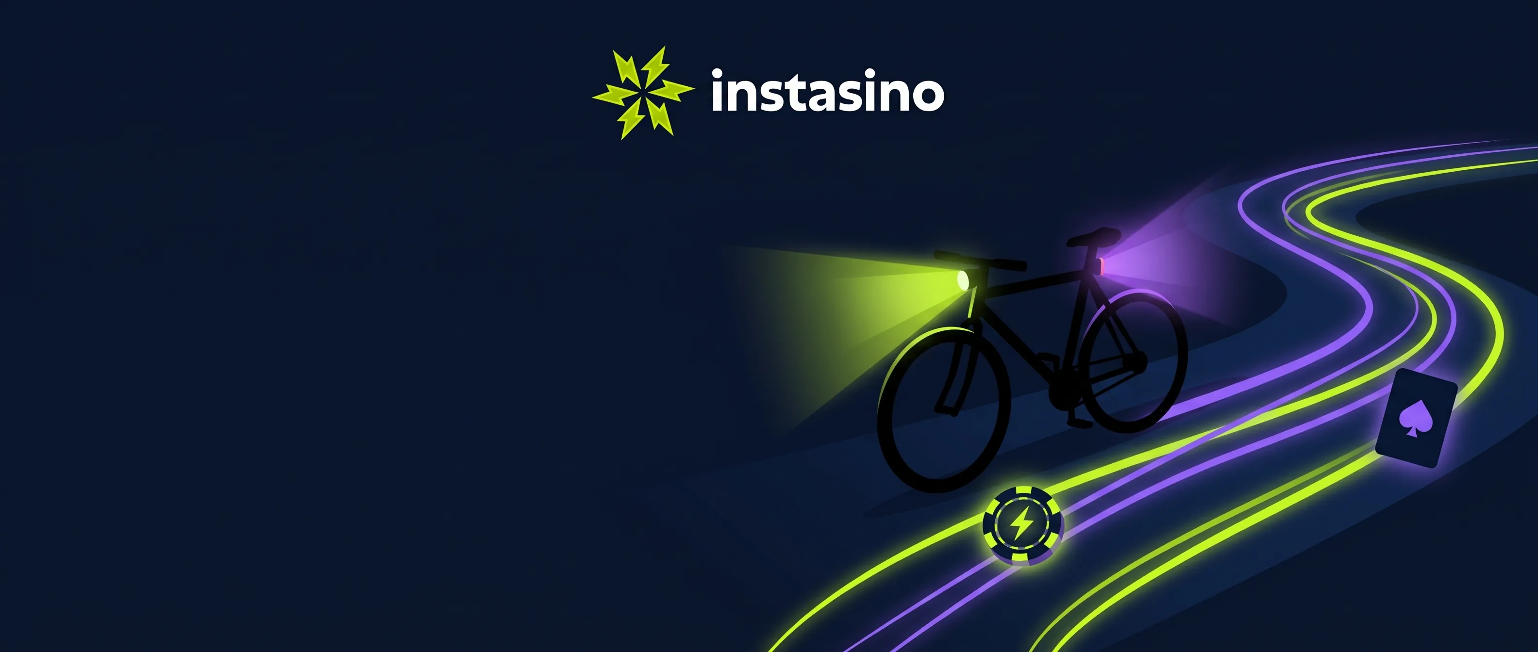 Instasino met een fiets op een nachtelijke route met limegroene en paarse lichtsporen